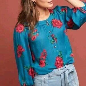 Maeve by Anthropologie Floral Teal Blouse xs